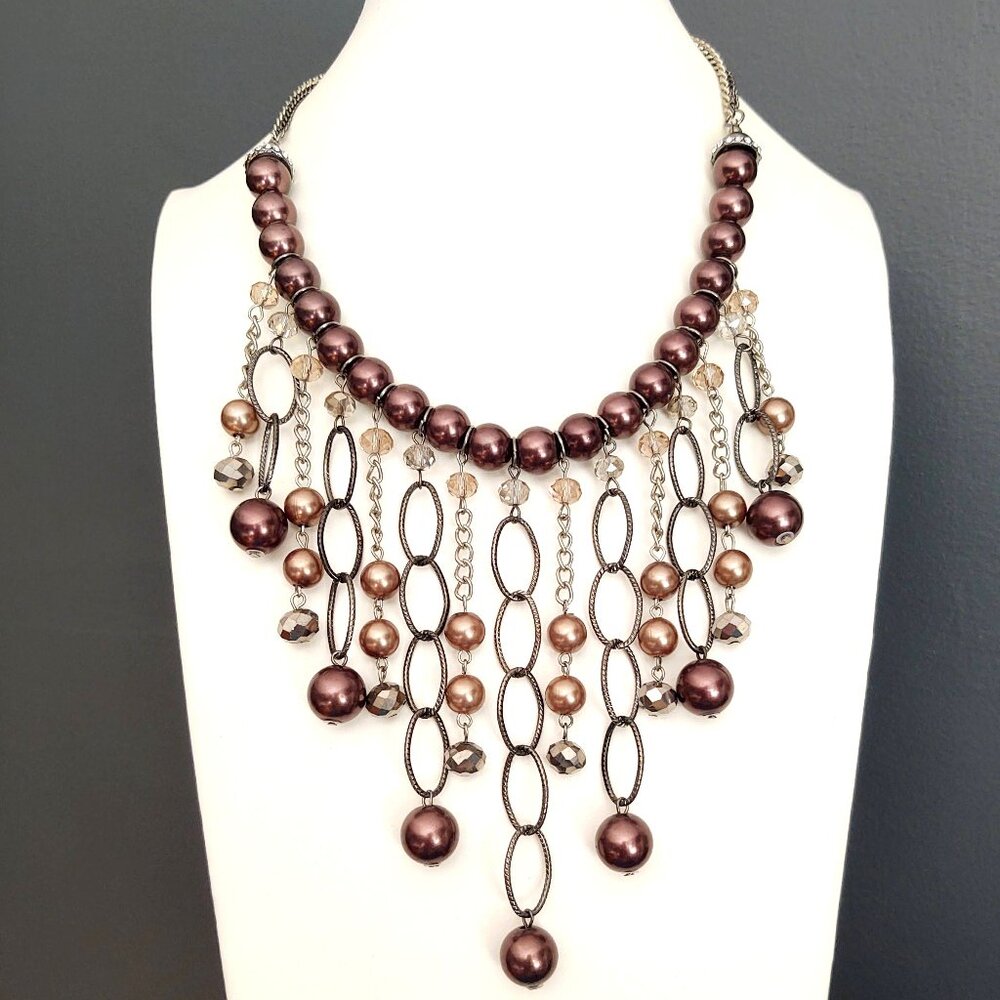 Metallic brown, crystal and metal beaded statement necklace with cz accents